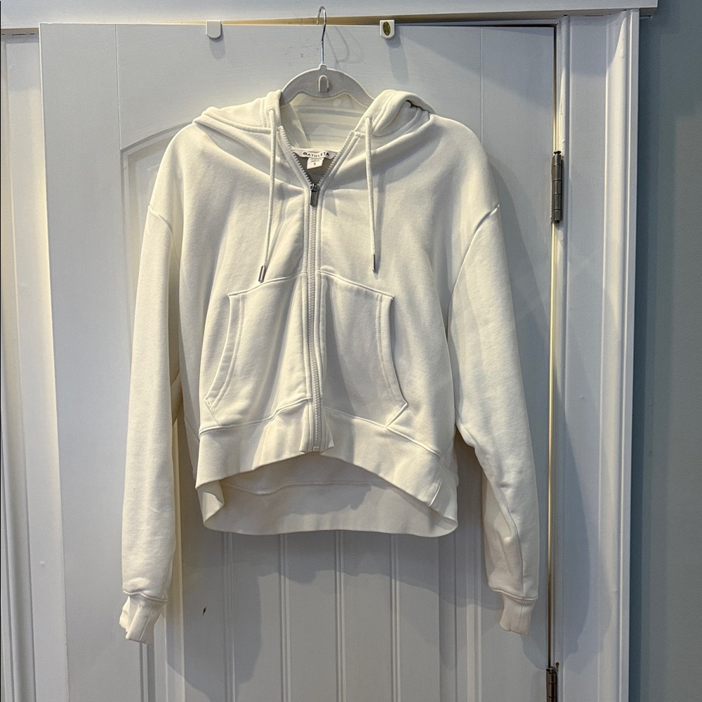 Athleta Full Zip Up White Cropped Hoodie (Waist Length) Size L. NWOT